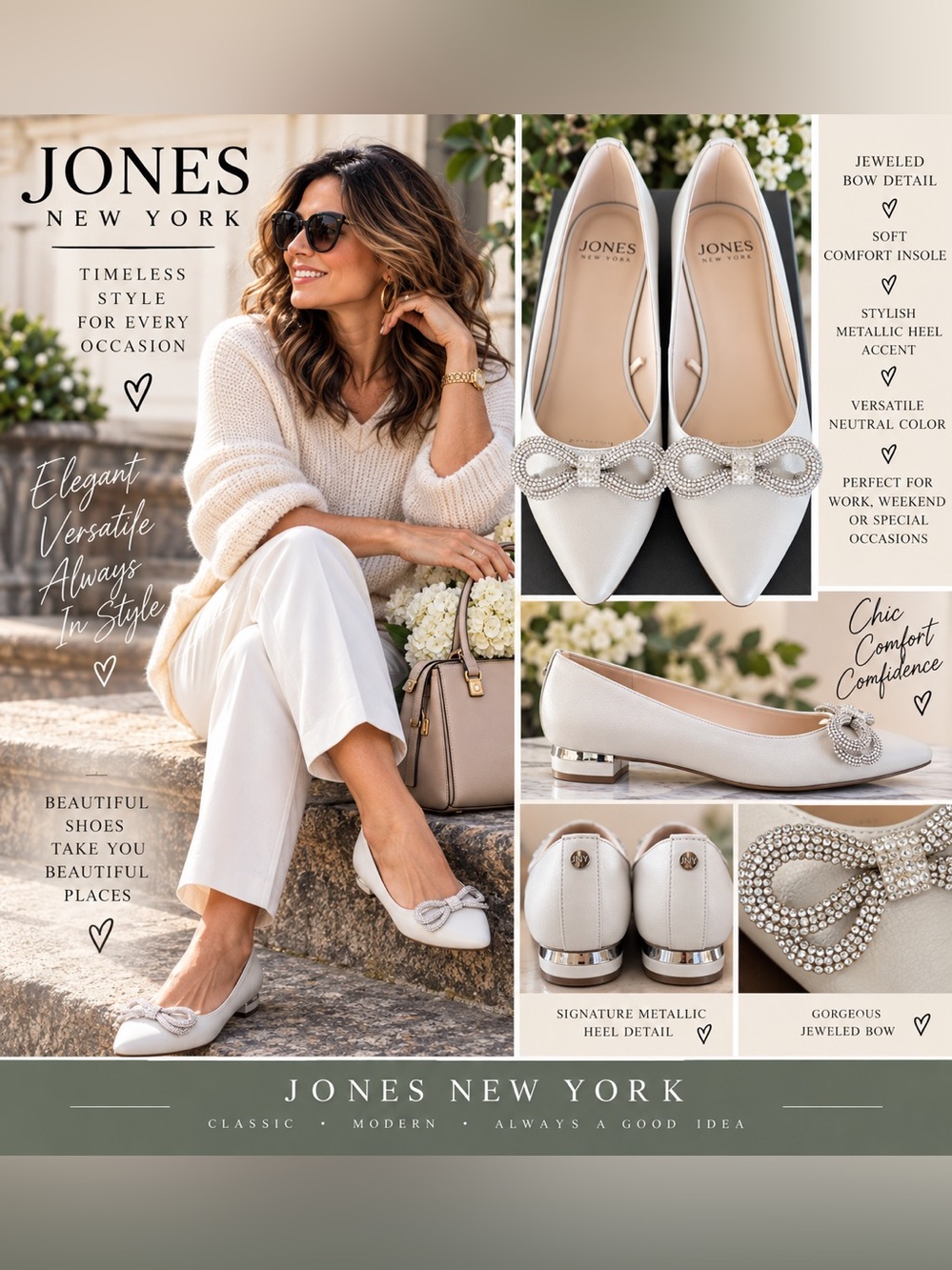 Jones New York-Quennelle Bone Flats Jeweled Bow Metallic heel Size 10